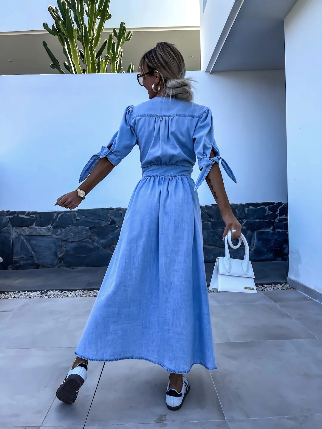 Chic Long Chambray Dress with Stylish Front Slit