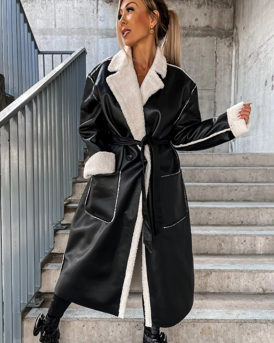 Plush Lined Long Coat in Soft PU Leather