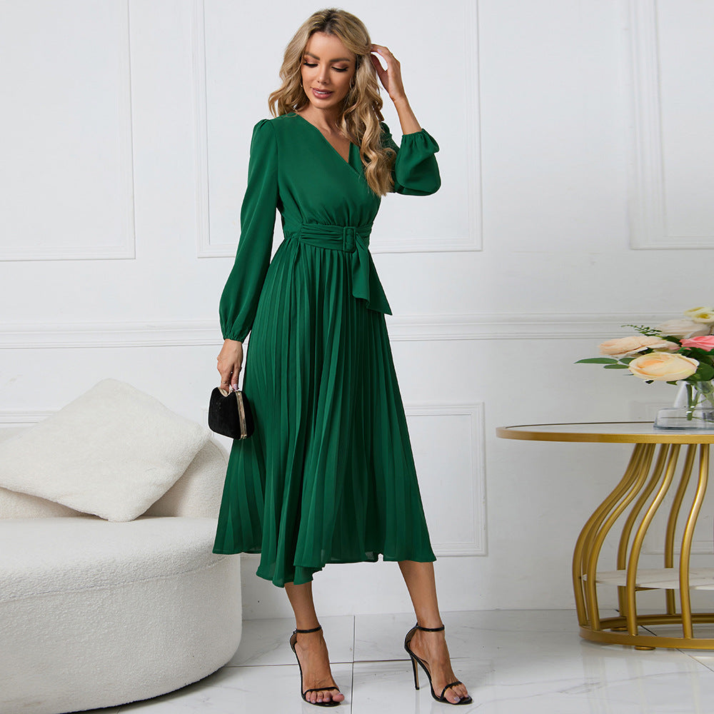 V-Neck Pleated Midi Dress for Effortless Elegance