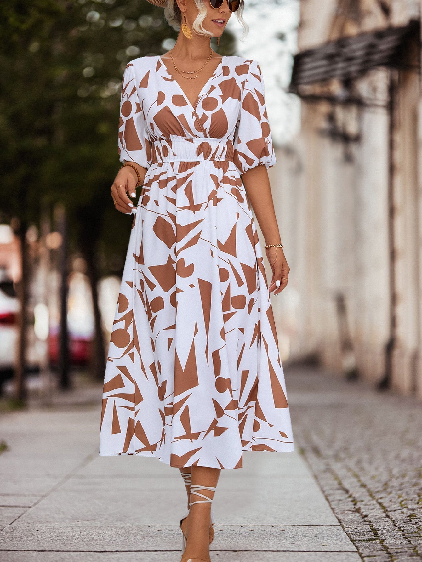 V-Neck Geometric Print Dress for Stylish Everyday Wear