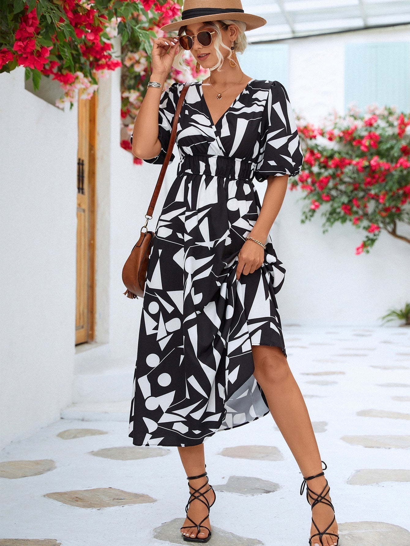 V-Neck Geometric Print Dress for Stylish Everyday Wear