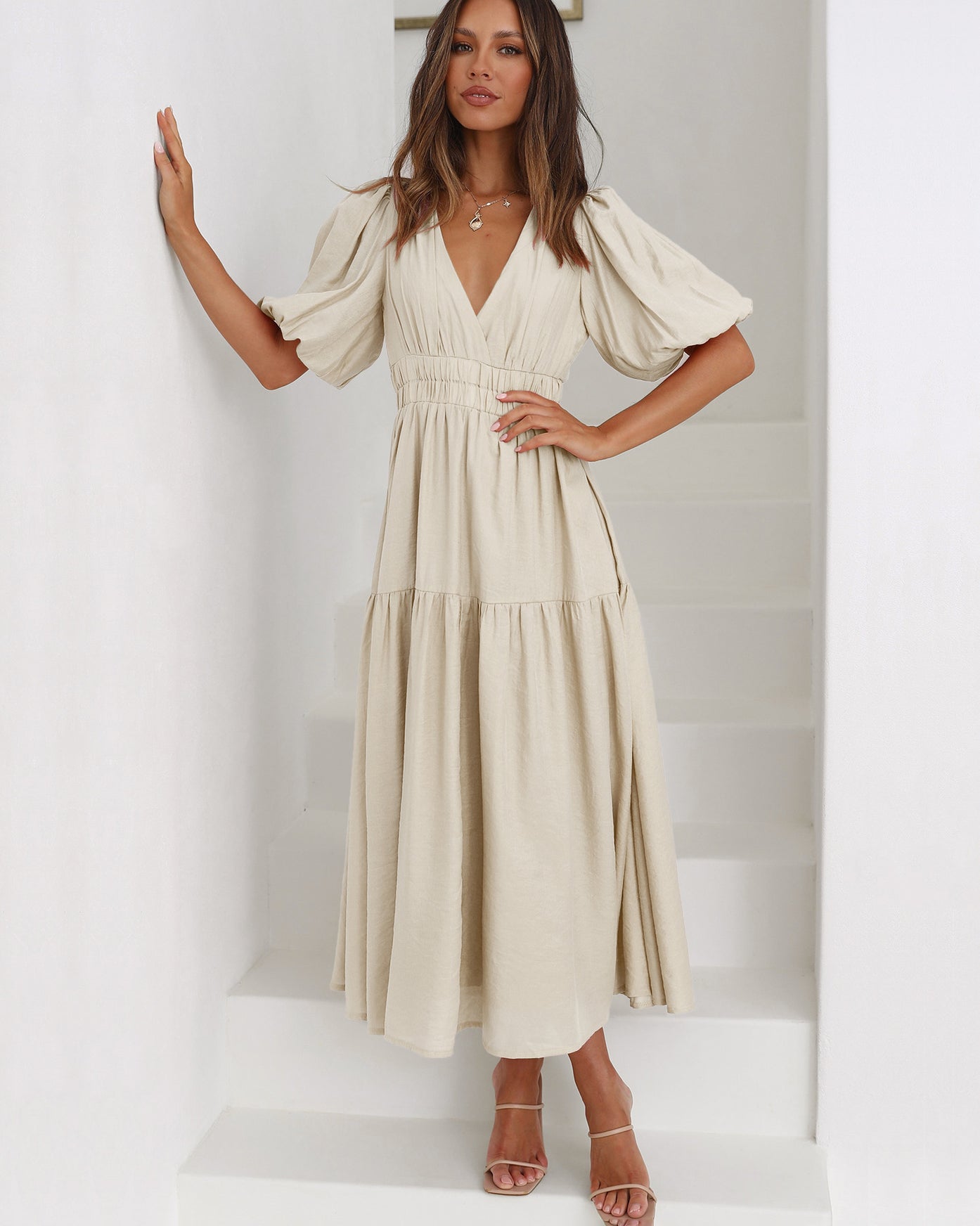 V-neck Ella Dress with Puff Sleeves for Effortless Style