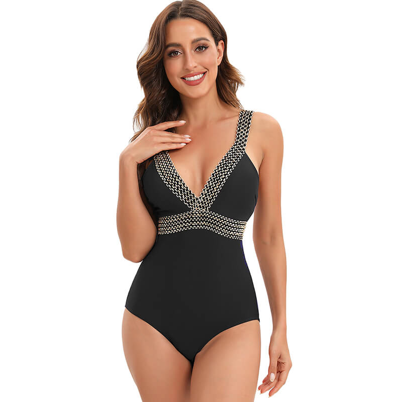 V-Neck Swimsuit Featuring Elegant Gold Accents