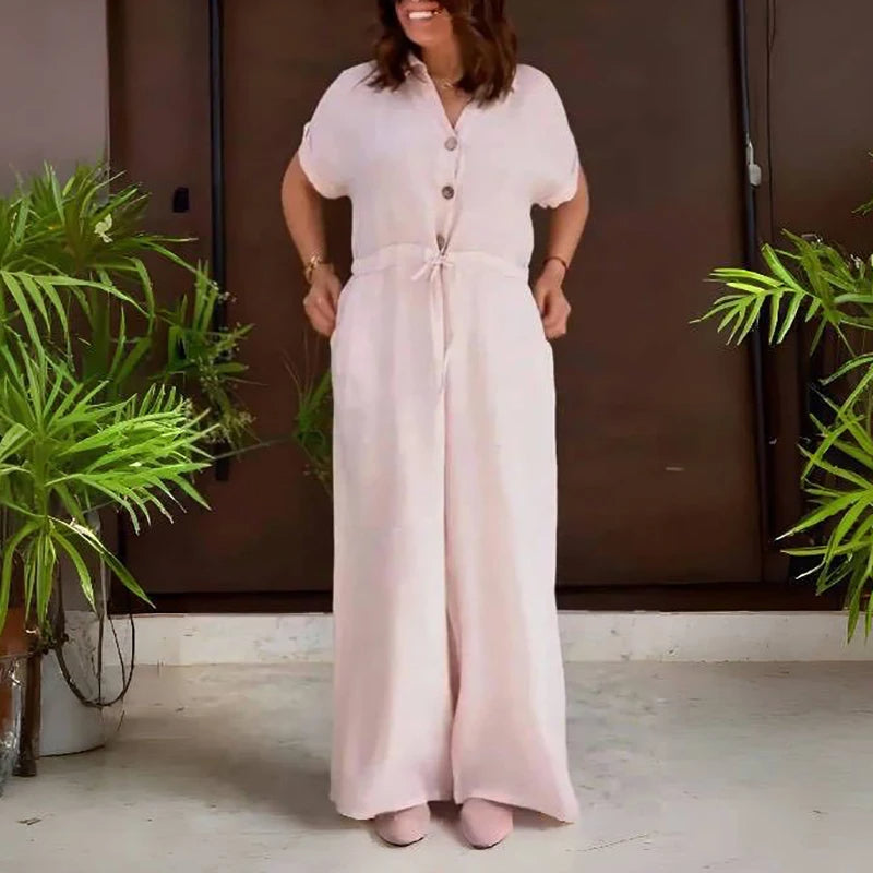 Pink Linen Jumpsuit with Adjustable Straps and Relaxed Fit