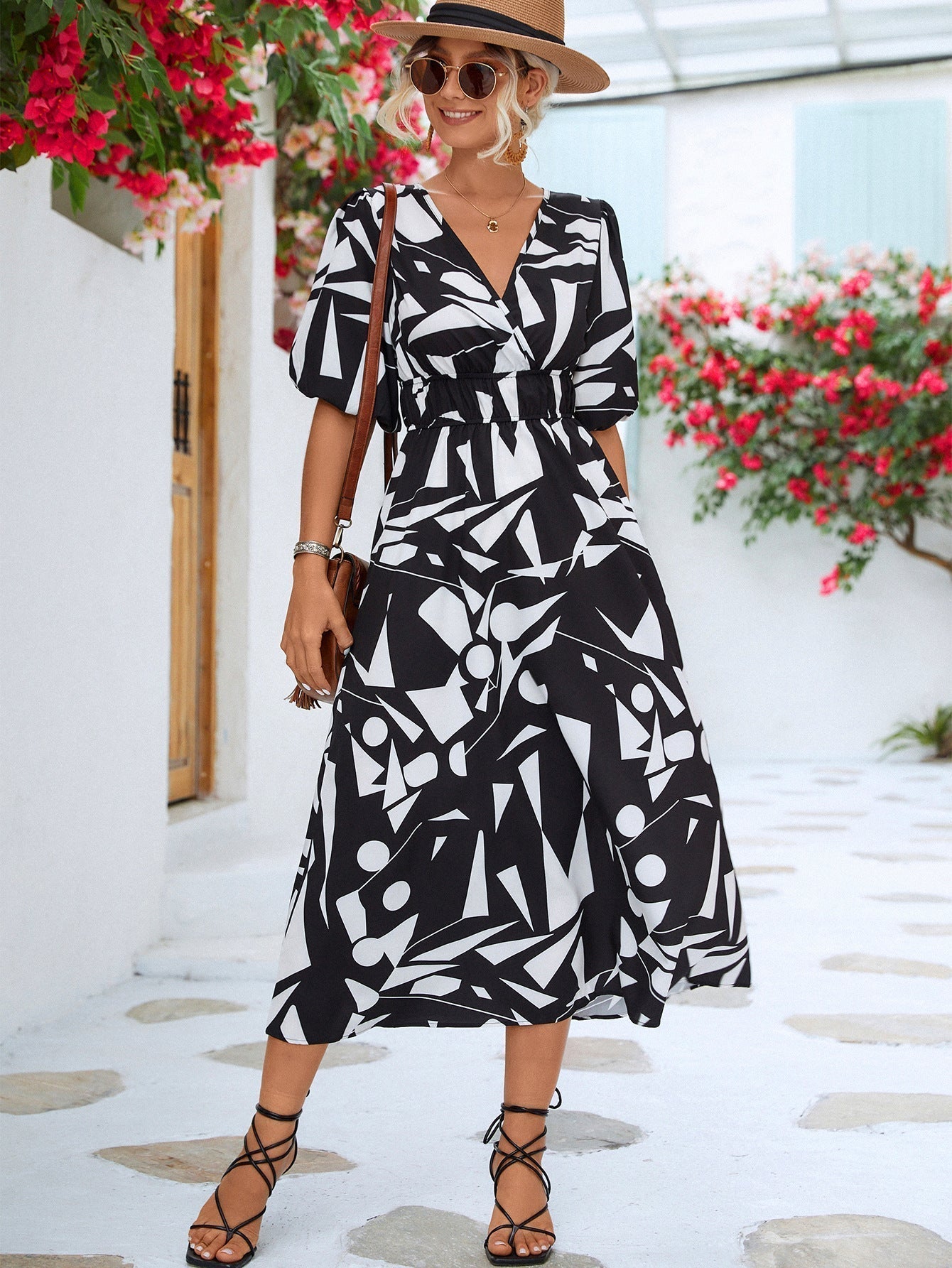 V-Neck Geometric Print Dress for Stylish Everyday Wear