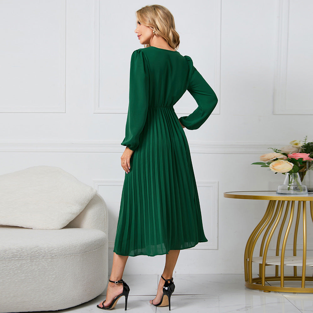 V-Neck Pleated Midi Dress for Effortless Elegance