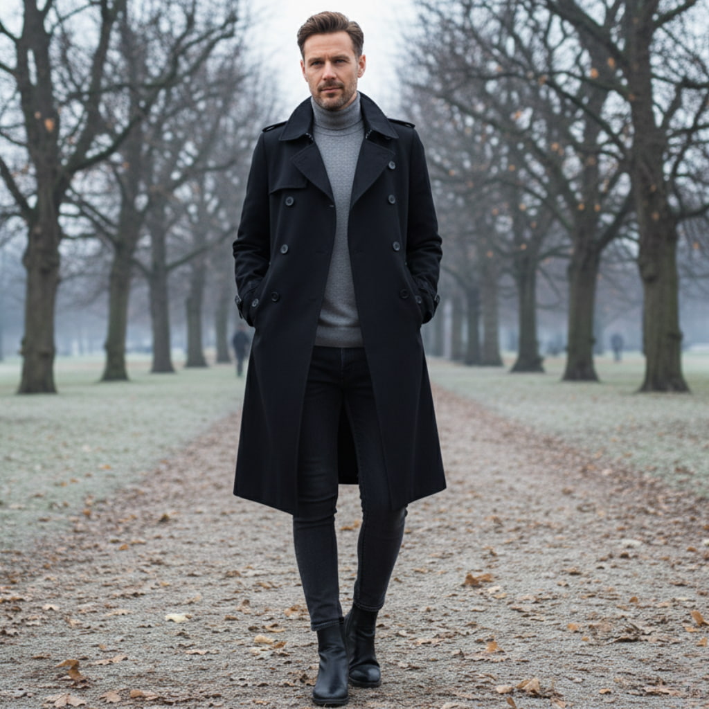 Men's Long Waterproof Trench Coat - Double-Breasted