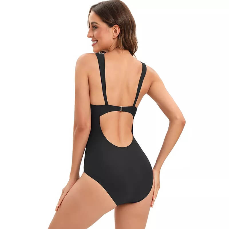 V-Neck Swimsuit Featuring Elegant Gold Accents