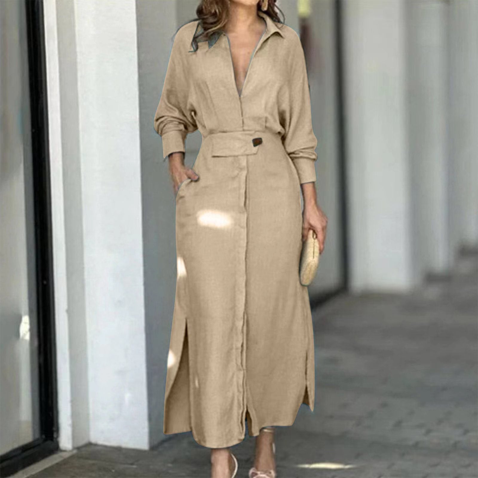 Rive Button-Up Shirt Dress with Side Openings for Easy Styling