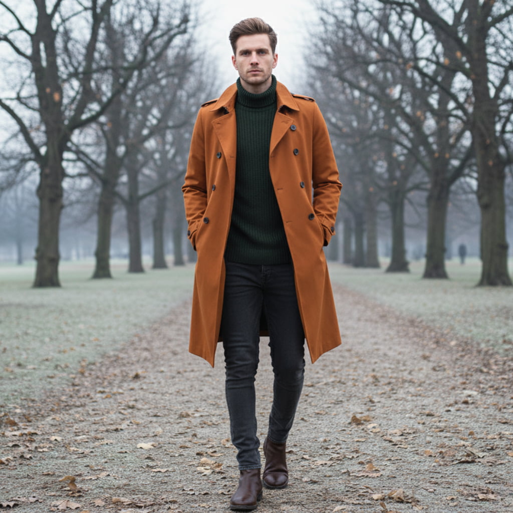 Men's Long Waterproof Trench Coat - Double-Breasted