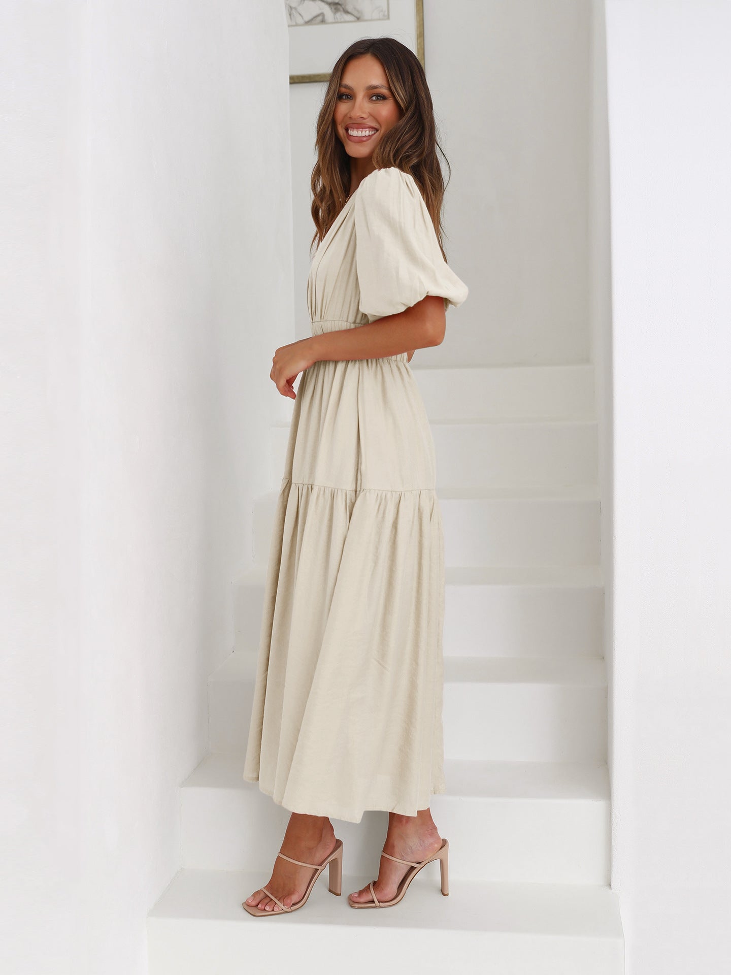 V-neck Ella Dress with Puff Sleeves for Effortless Style