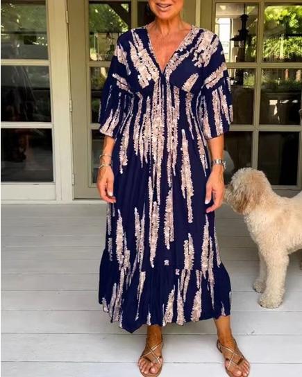 Elegant Long V-Neck Dress in Aurora Color