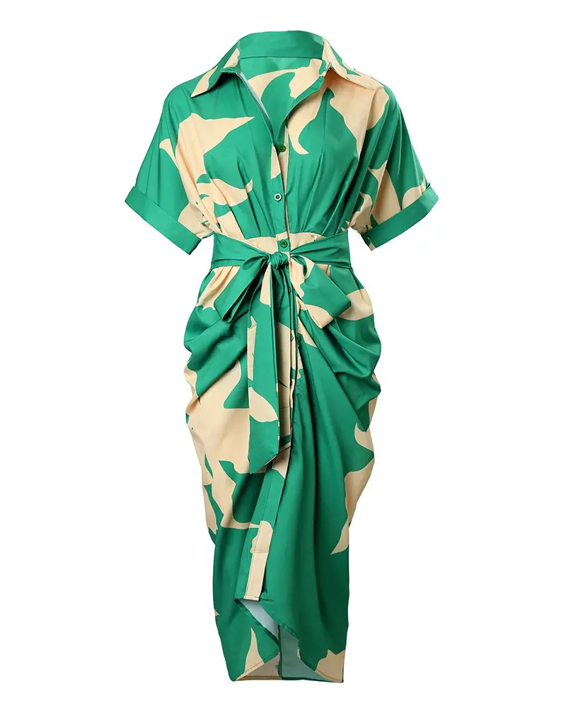 Lace Print Midi Shirt Dress with Belted Waist and Short Sleeves