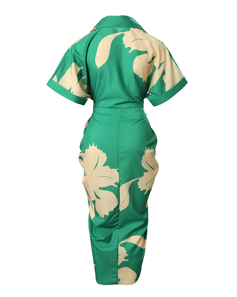 Lace Print Midi Shirt Dress with Belted Waist and Short Sleeves