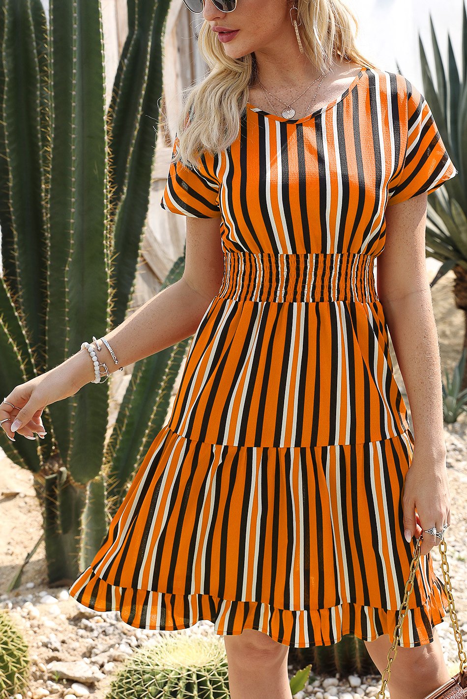 Striped Short Dress with Elastic Waistband for Comfort and Style