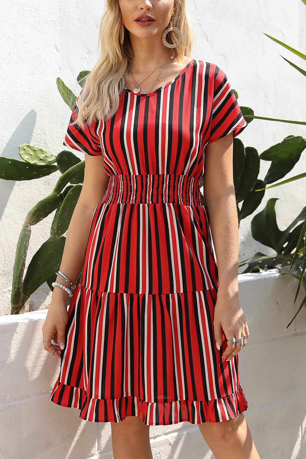 Striped Short Dress with Elastic Waistband for Comfort and Style