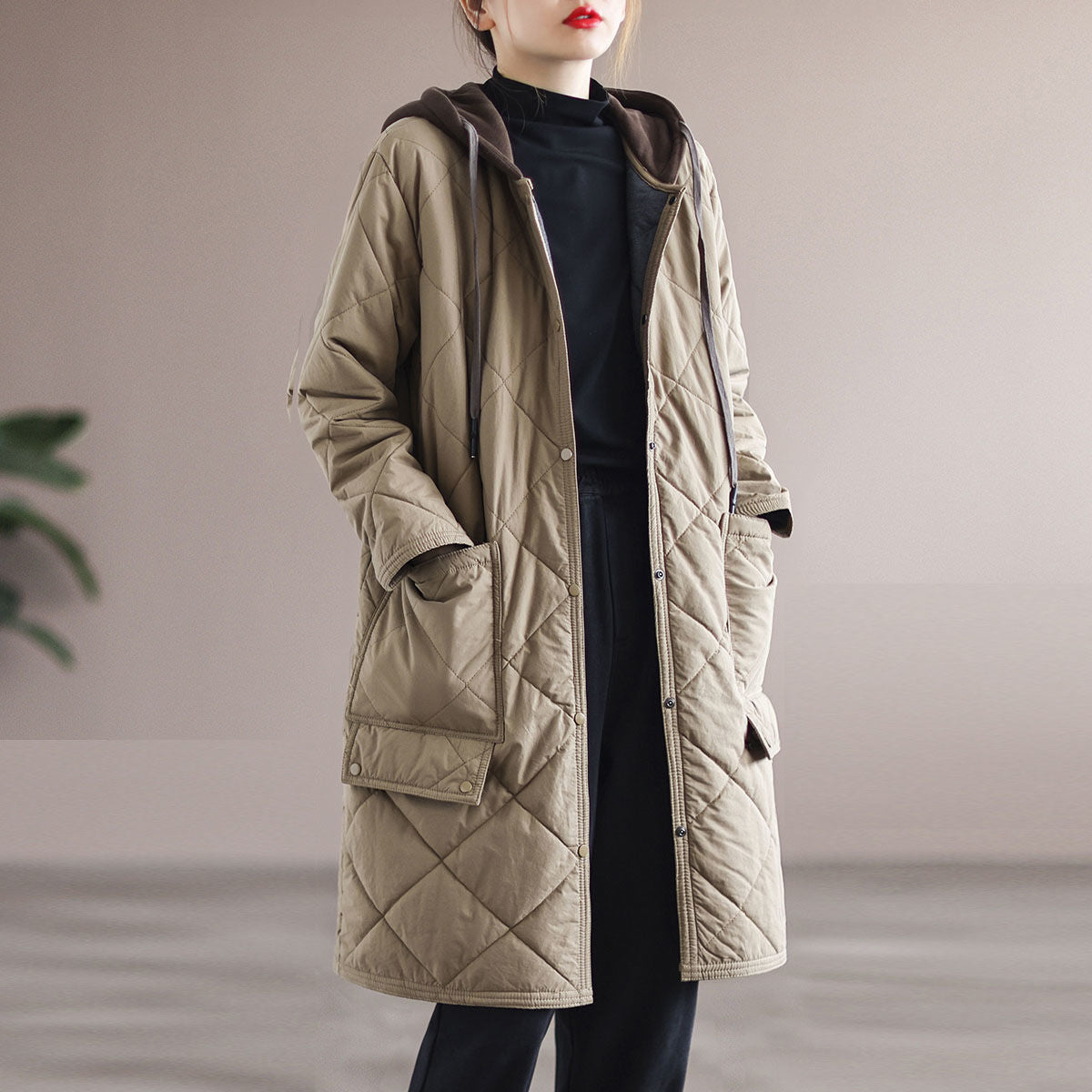 Warm Long Padded Winter Coat with Hood and Pockets