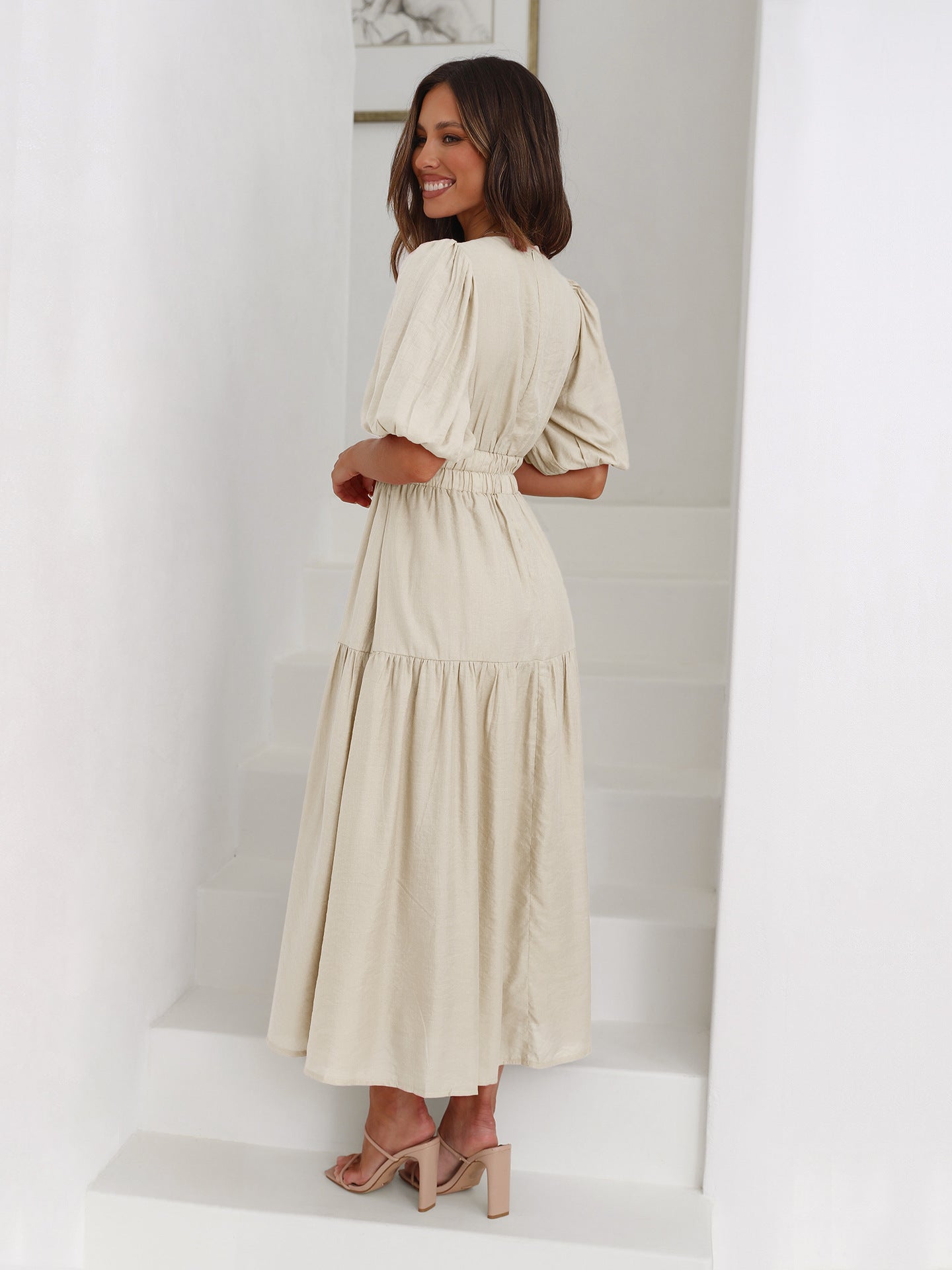 V-neck Ella Dress with Puff Sleeves for Effortless Style