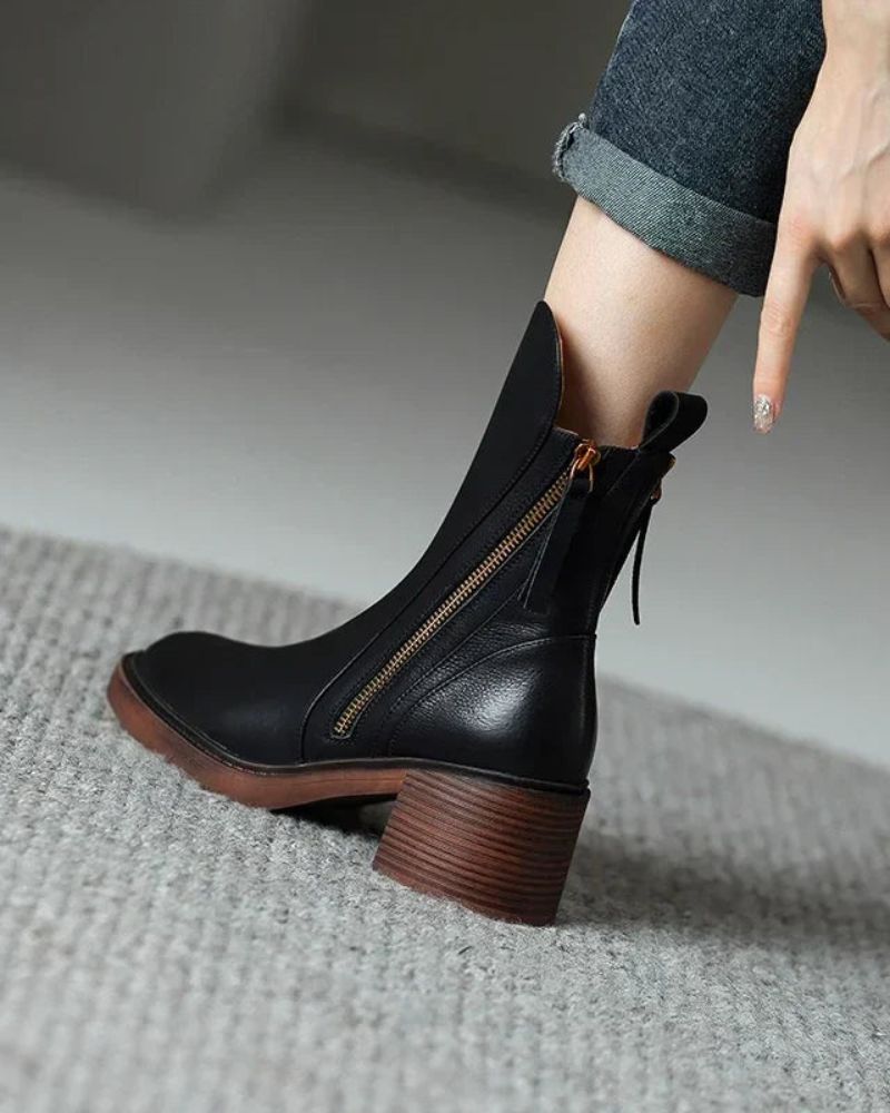 Women's Premium Leather Ankle Boots with Block Heel