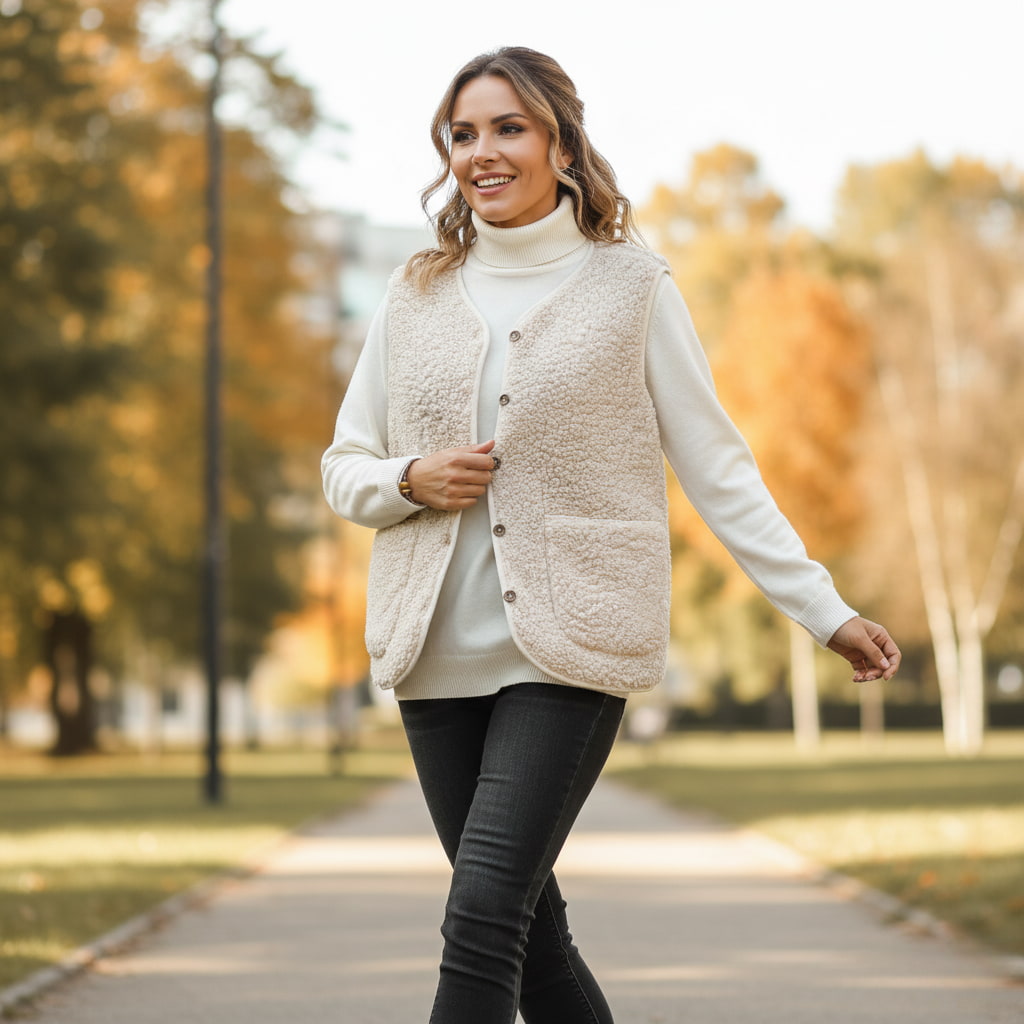 Cozy Women's Teddy Gilet Soft Textured Waistcoat with Button Front