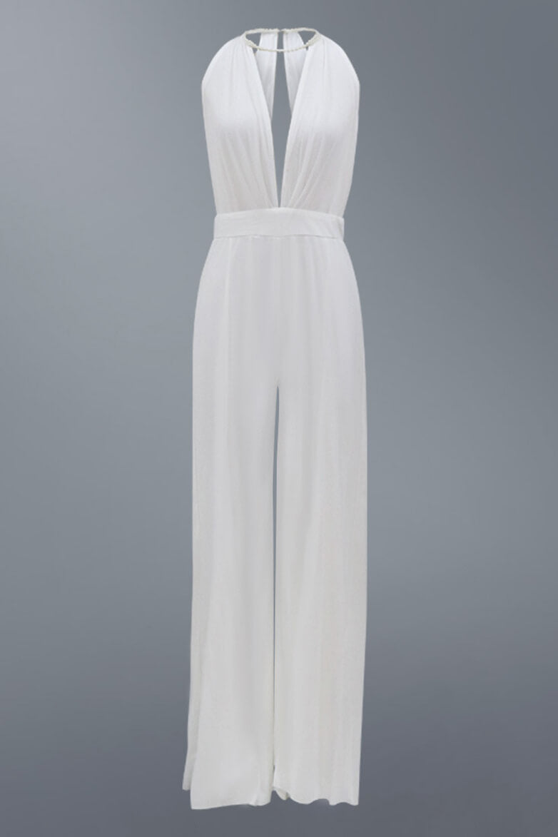 V-Neck White Jumpsuit with Front Slit Design