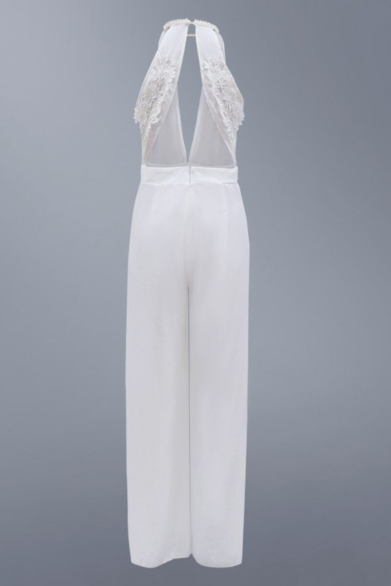 V-Neck White Jumpsuit with Front Slit Design
