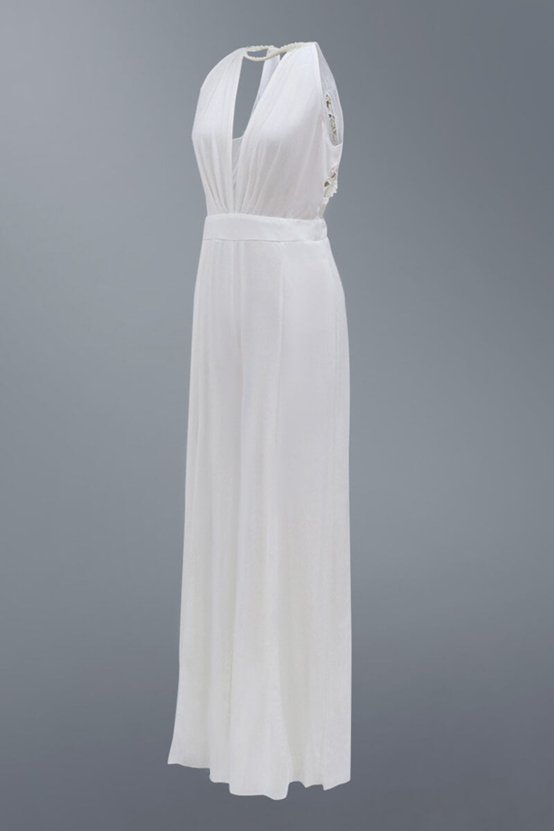 V-Neck White Jumpsuit with Front Slit Design