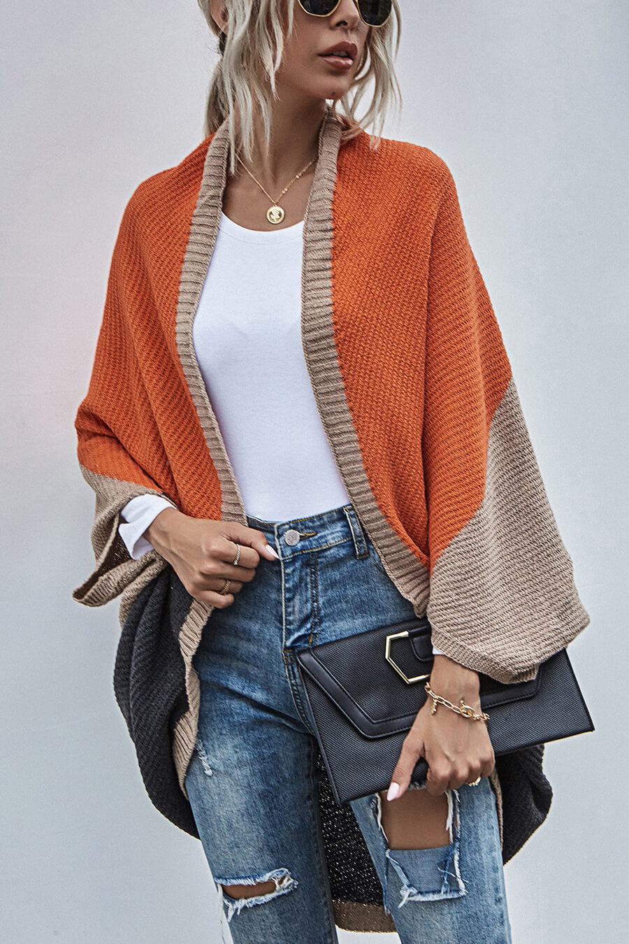 Color Block Bohemian Cardigan with Wide Sleeves