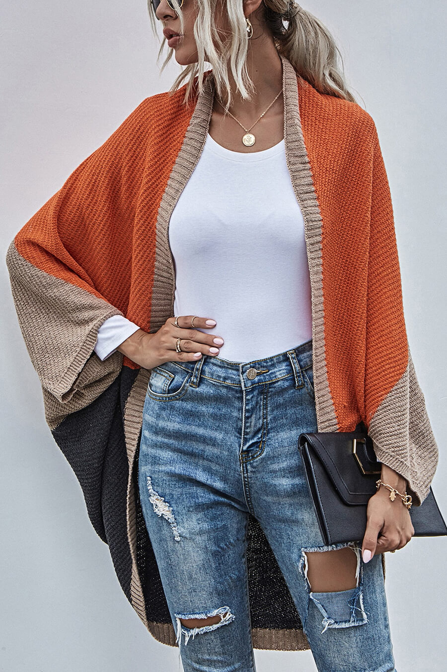 Color Block Bohemian Cardigan with Wide Sleeves