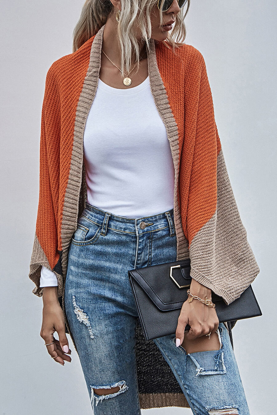 Color Block Bohemian Cardigan with Wide Sleeves