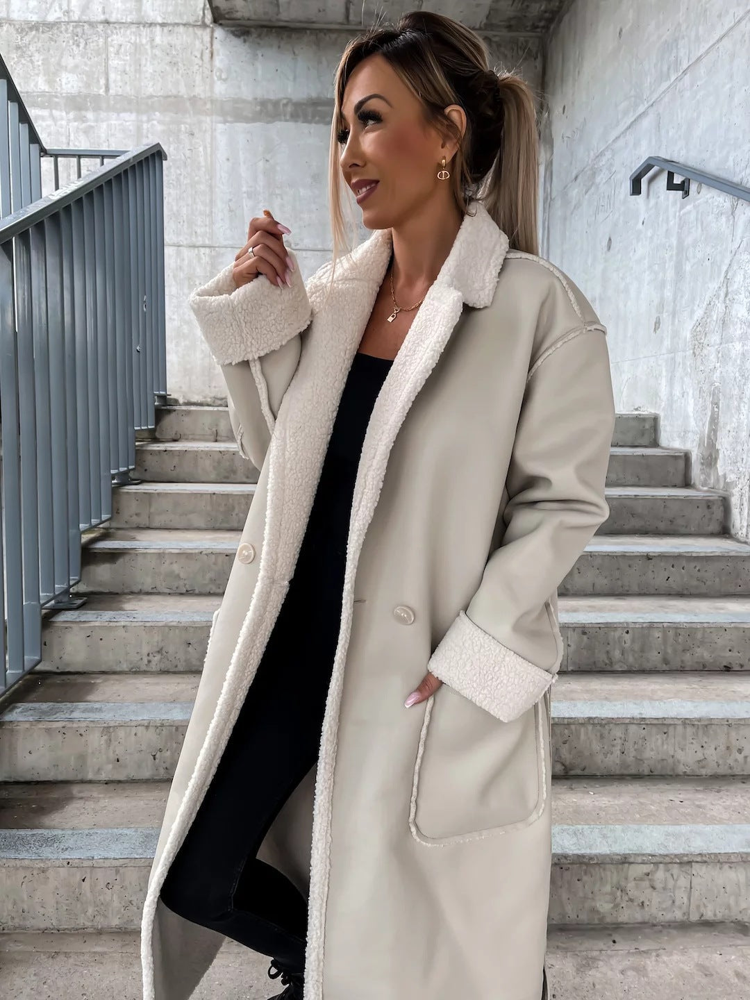 Plush Lined Long Coat in Soft PU Leather