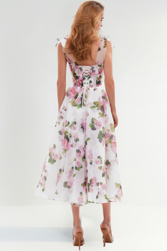 Floral Midi Strapless Dress with Flowing Skirt and Elegant Design