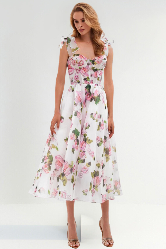 Floral Midi Strapless Dress with Flowing Skirt and Elegant Design