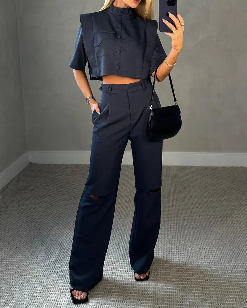 Crop Top and High-Waisted Trousers Set