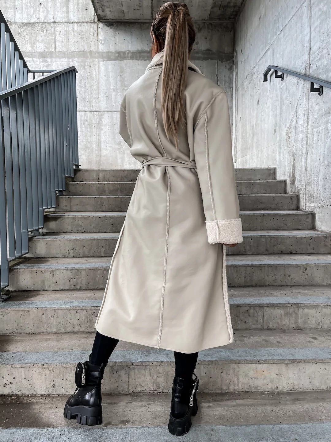 Plush Lined Long Coat in Soft PU Leather