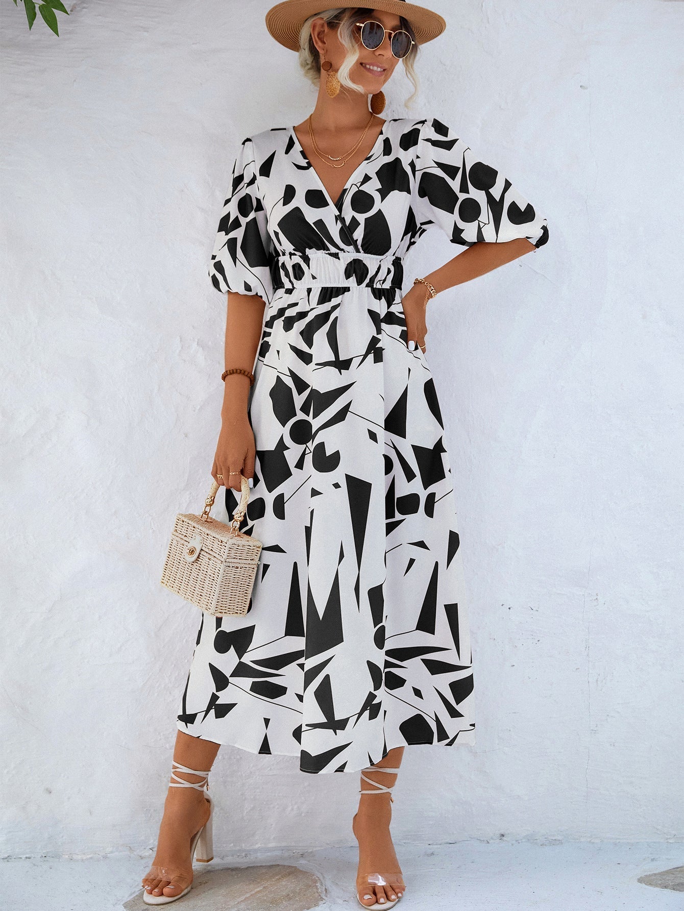 V-Neck Geometric Print Dress for Stylish Everyday Wear