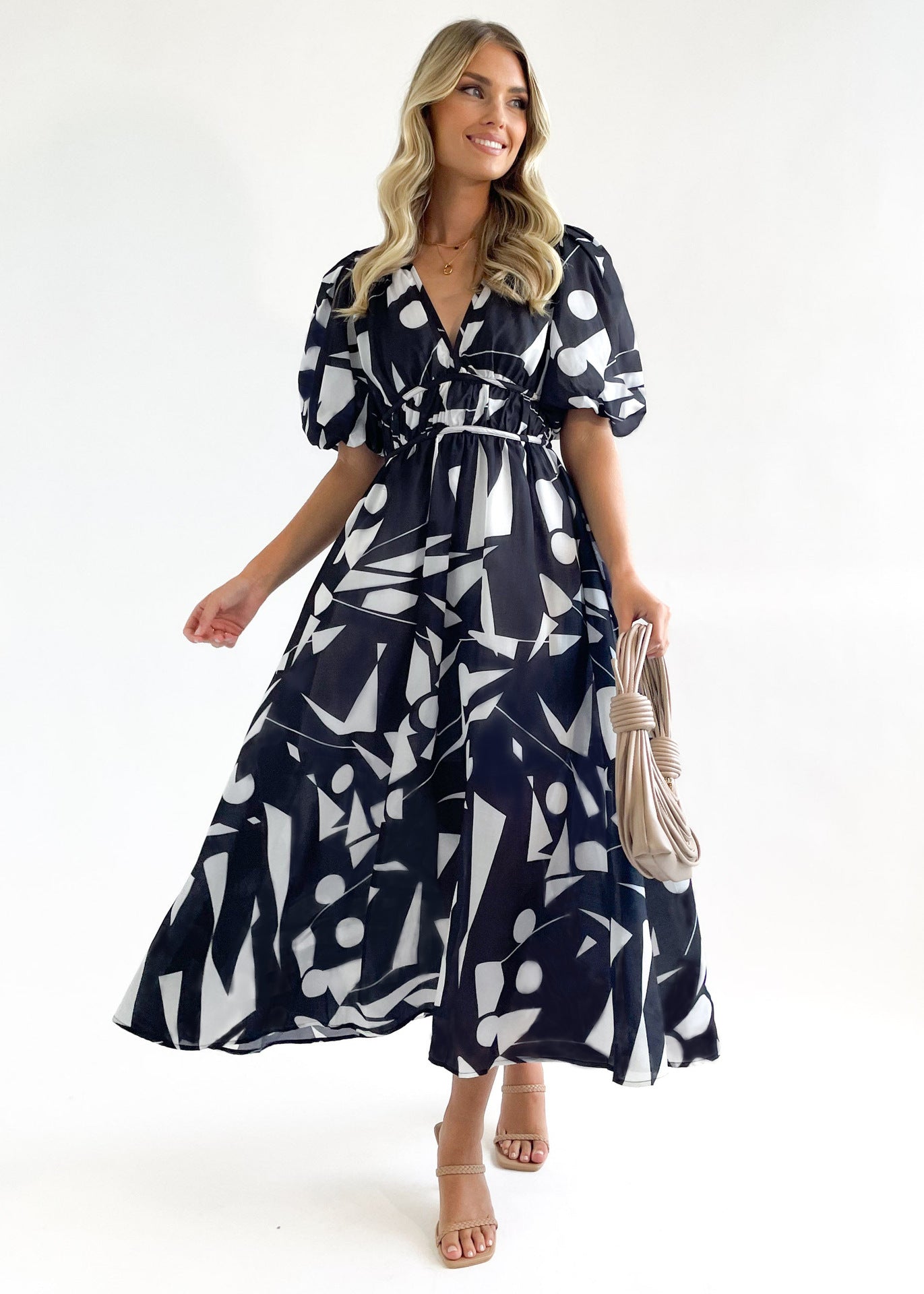 V-Neck Long Dress with Puff Sleeves for Elegant Style