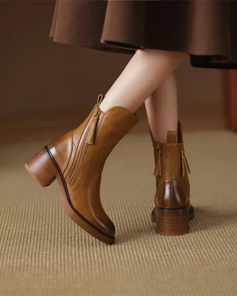 Women's Premium Leather Ankle Boots with Block Heel