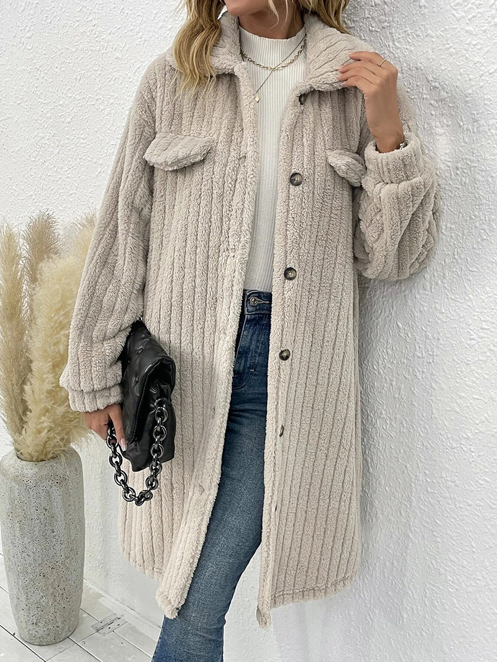 Buttoned Long Teddy Coat for Cozy Comfort