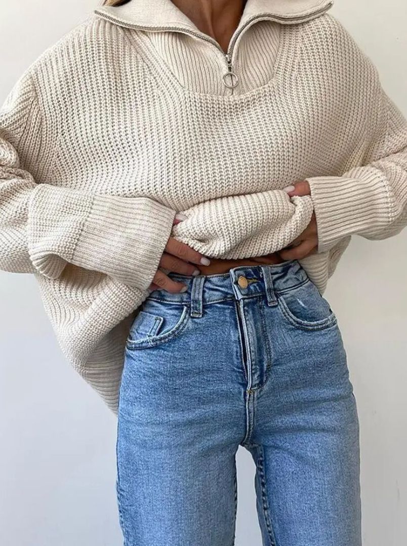 High Neck Zip Knit Sweater for Women