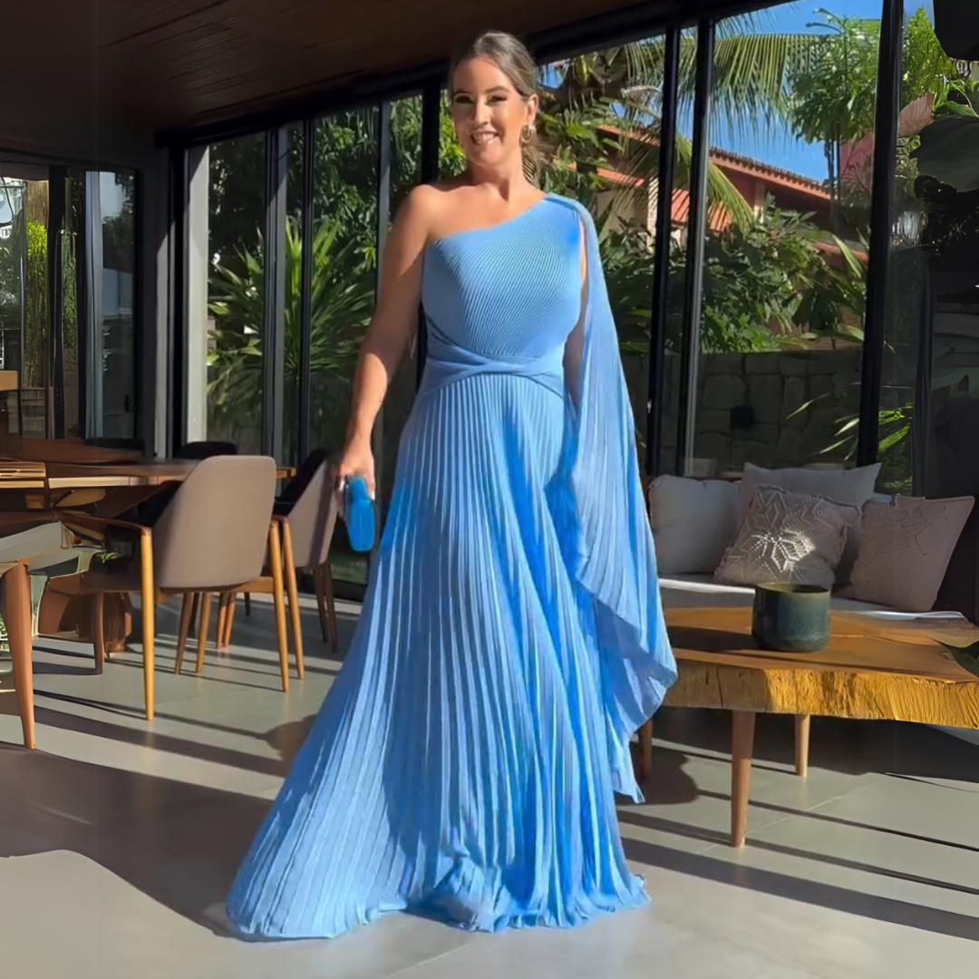 Asymmetrical Pleated Maxi Dress with Side Cape for Elegant Movement
