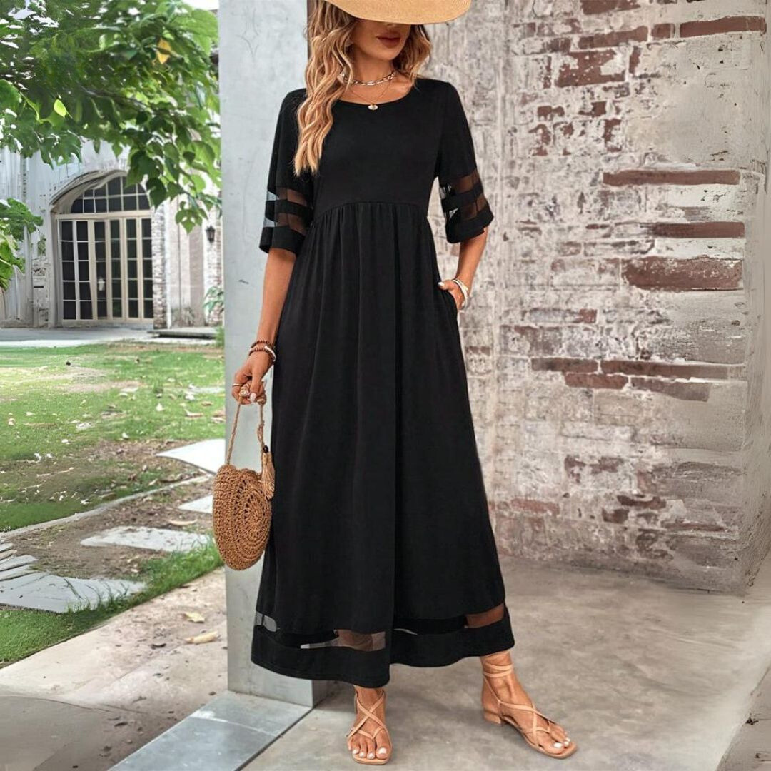 Elegant Maxi Dress with Sheer Sleeves - Luna Design