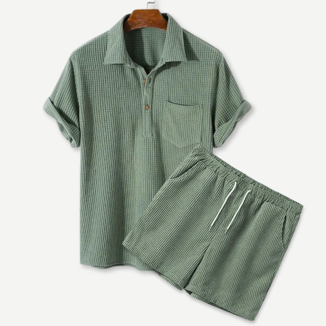 Waffle Knit Polo Shirt and Shorts Set