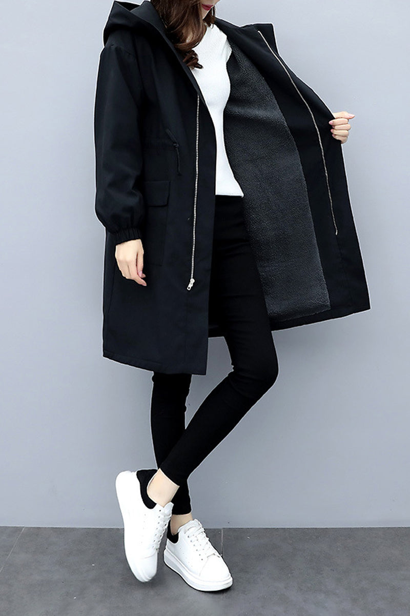 Velvet-Lined Hooded Long Coat