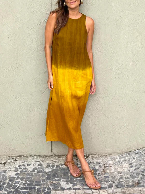 Sleeveless Cotton-Linen Dress with Slit and Tie-Dye Gradient