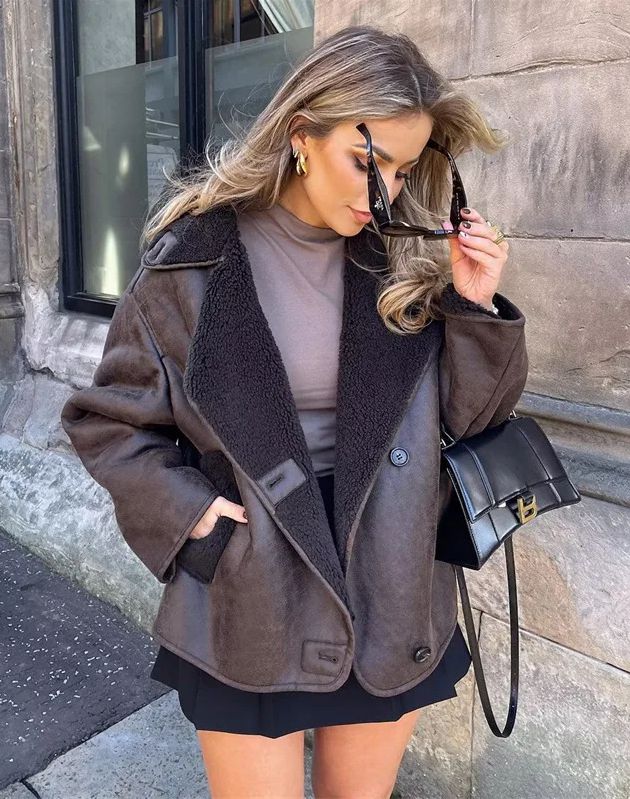 Synthetic Shearling and Leather Outerwear Coat for Warmth and Style