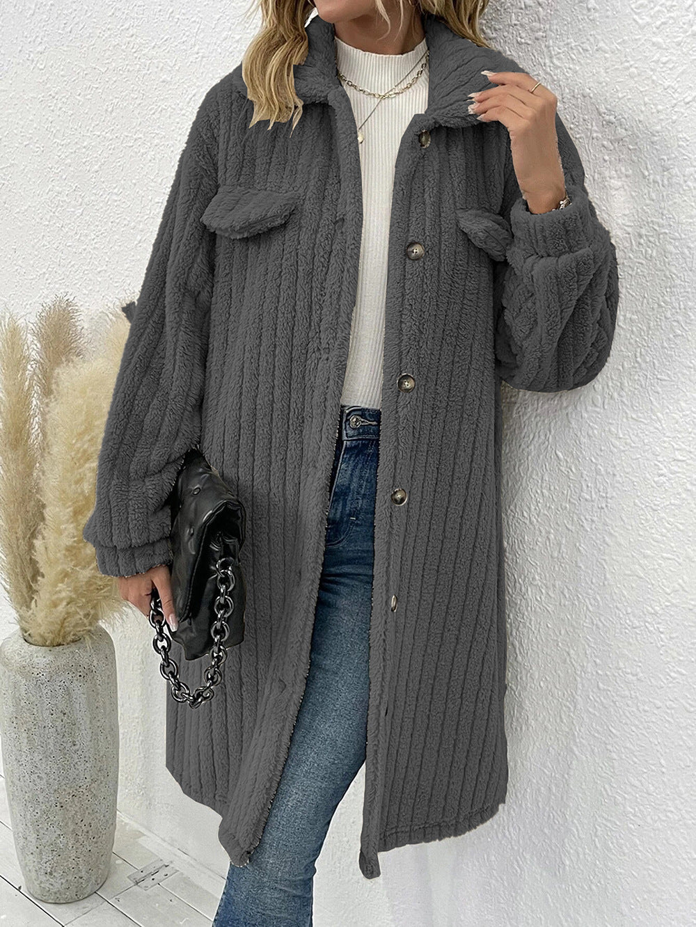 Buttoned Long Teddy Coat for Cozy Comfort