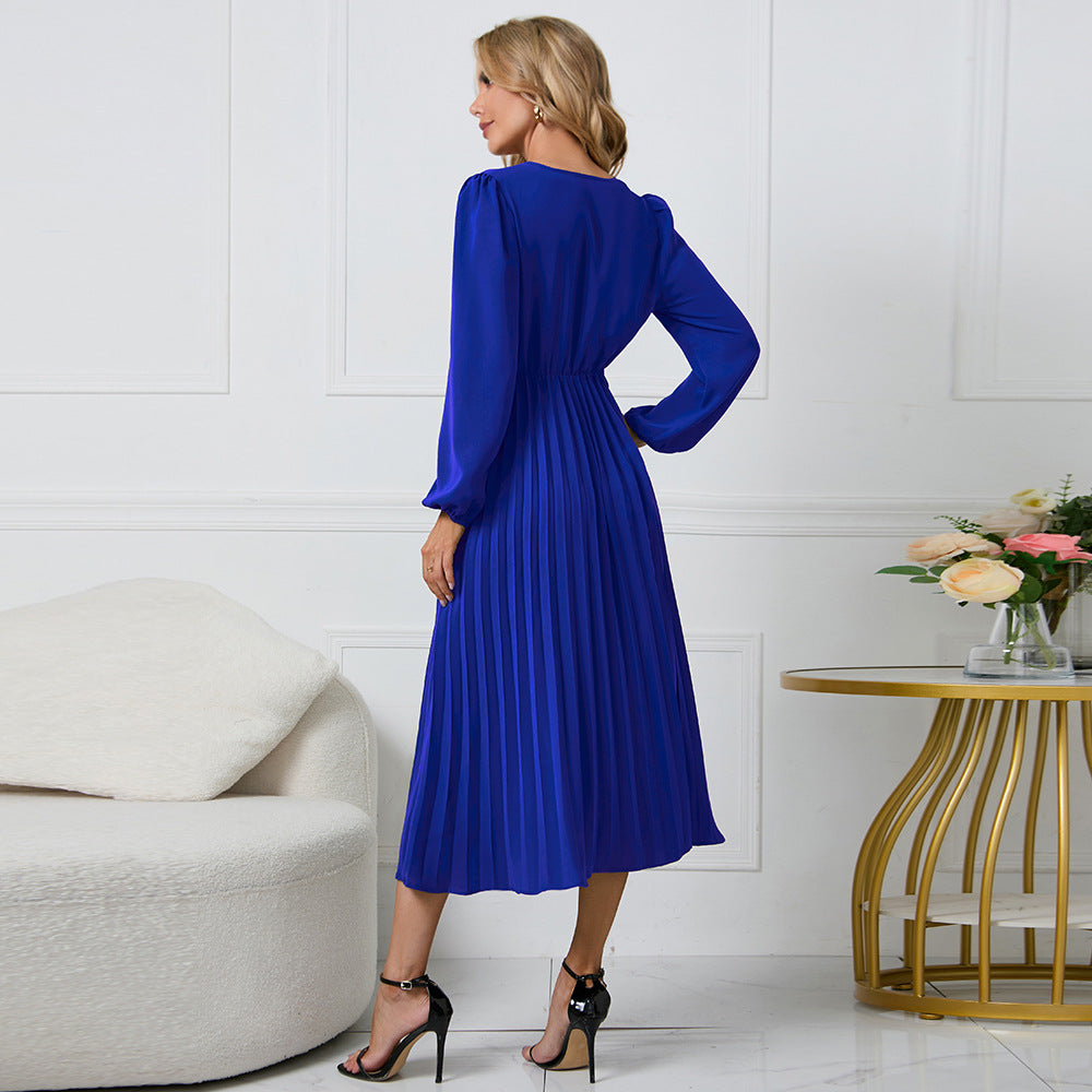 V-Neck Pleated Midi Dress for Effortless Elegance
