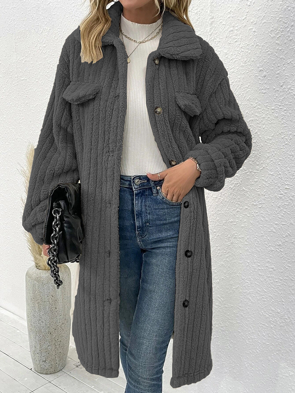 Buttoned Long Teddy Coat for Cozy Comfort
