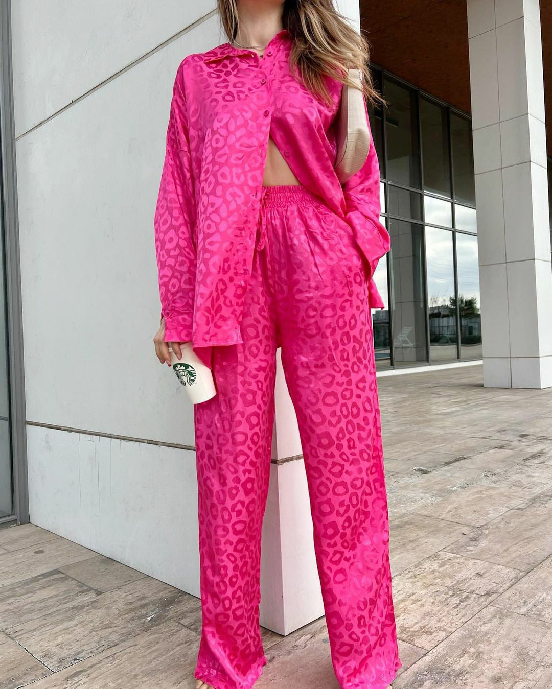 Satin Leopard Print Shirt and Trouser Set
